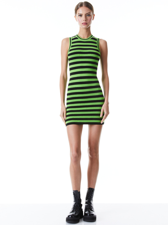 LANDI STRIPED MINI DRESS in PARROT/BLACK | ALICE + OLIVIA
