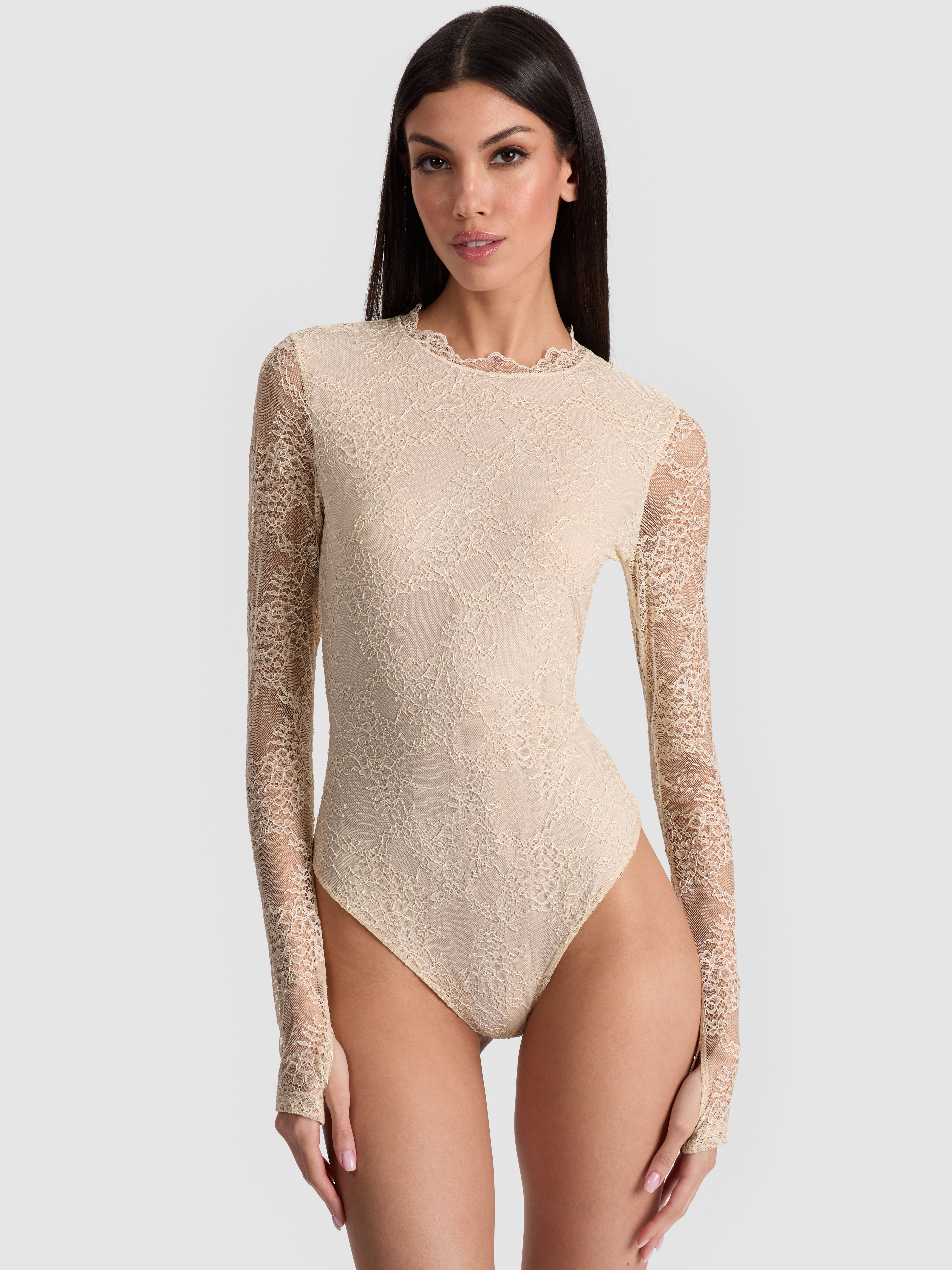 Taeyn Lace Bodysuit In Biscotti | Alice + Olivia