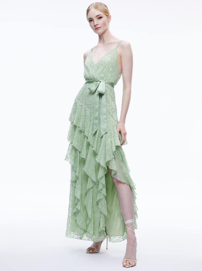 EMELIA V-NECK EYELET RUFFLE MAXI DRESS - GREEN TEA - Alice And Olivia