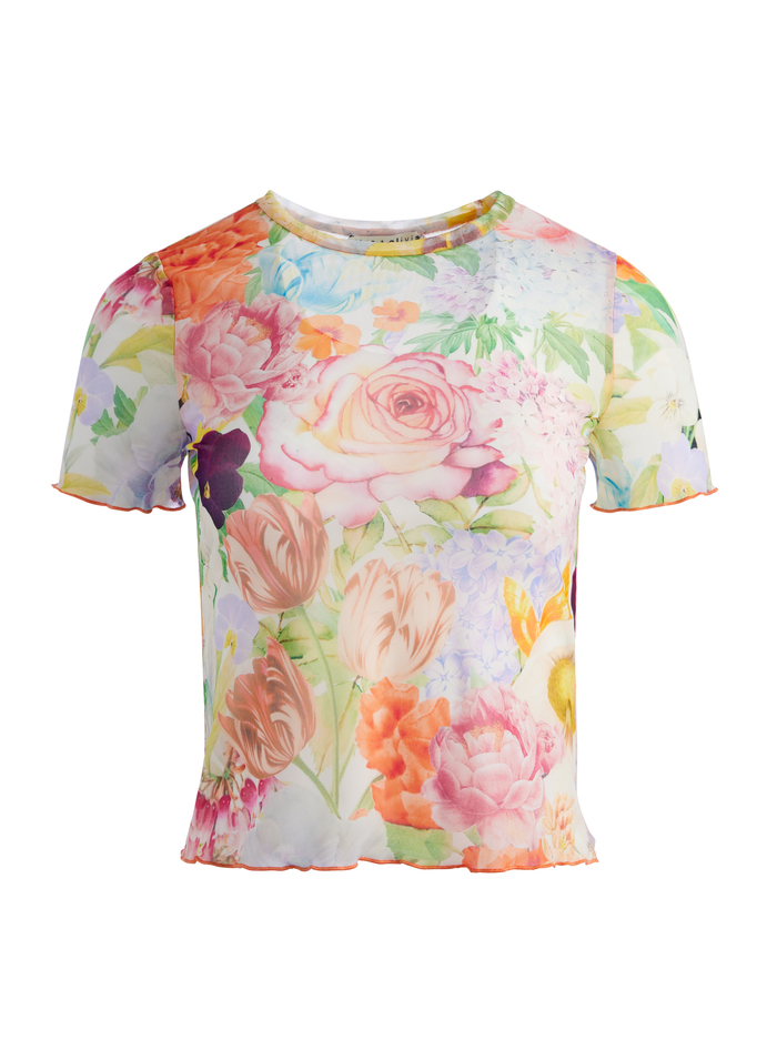 DELAINA SHORT SLEEVE LETTUCE TRIM CROP TOP - DAWN FLORAL image 5 - Alice And Olivia