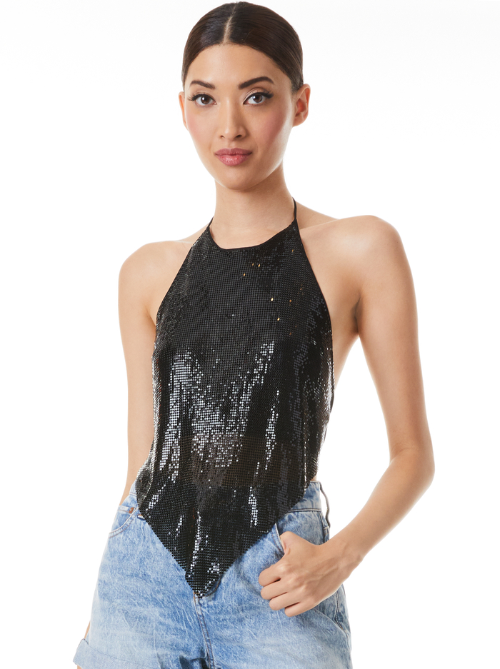 FRENCHIE CHAINMAIL HALTER TOP - BLACK - Alice And Olivia