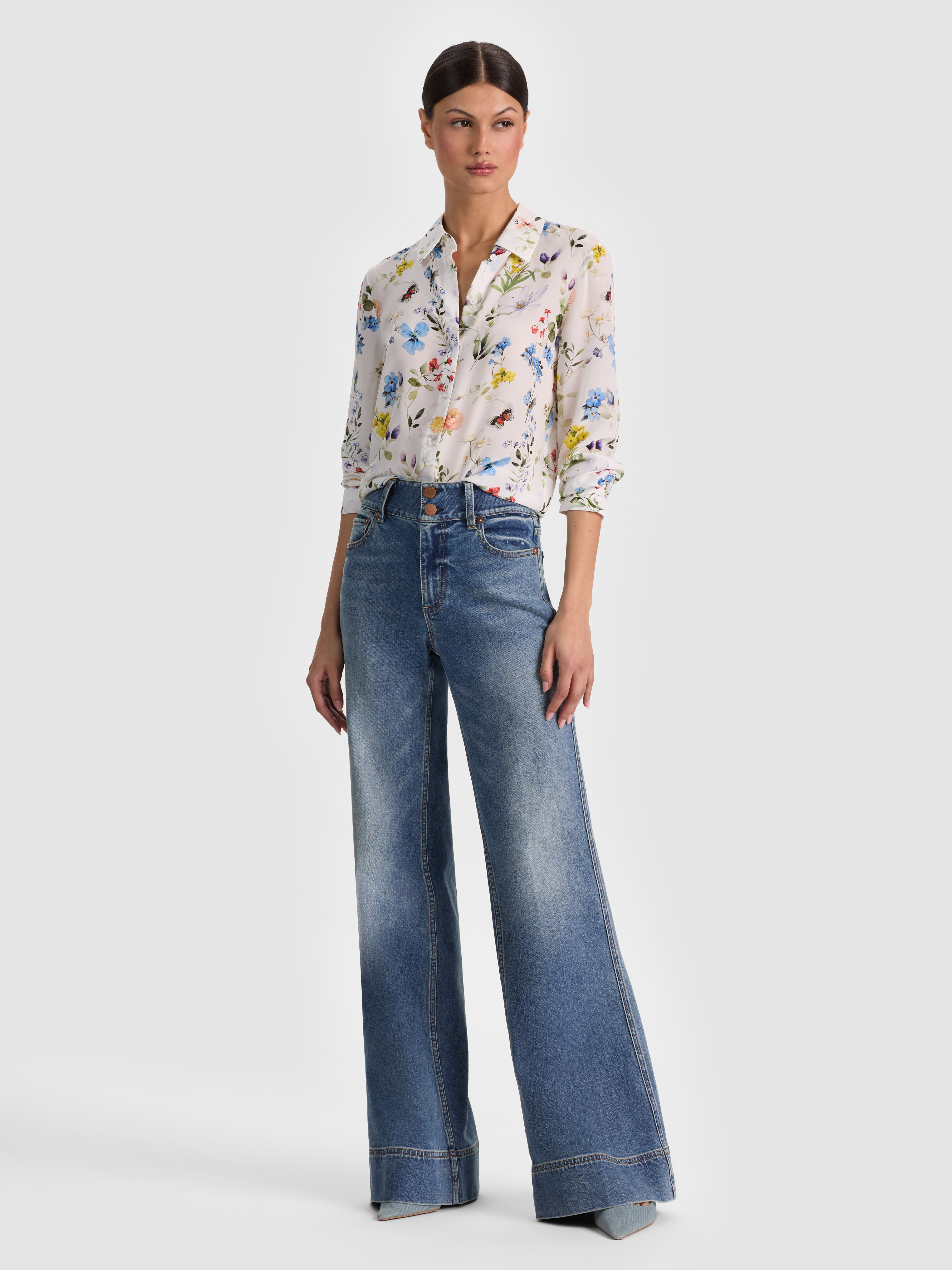 POLLY FLARED MIDI DRESS in TWISTING VINES OFF WHITE | ALICE + OLIVIA