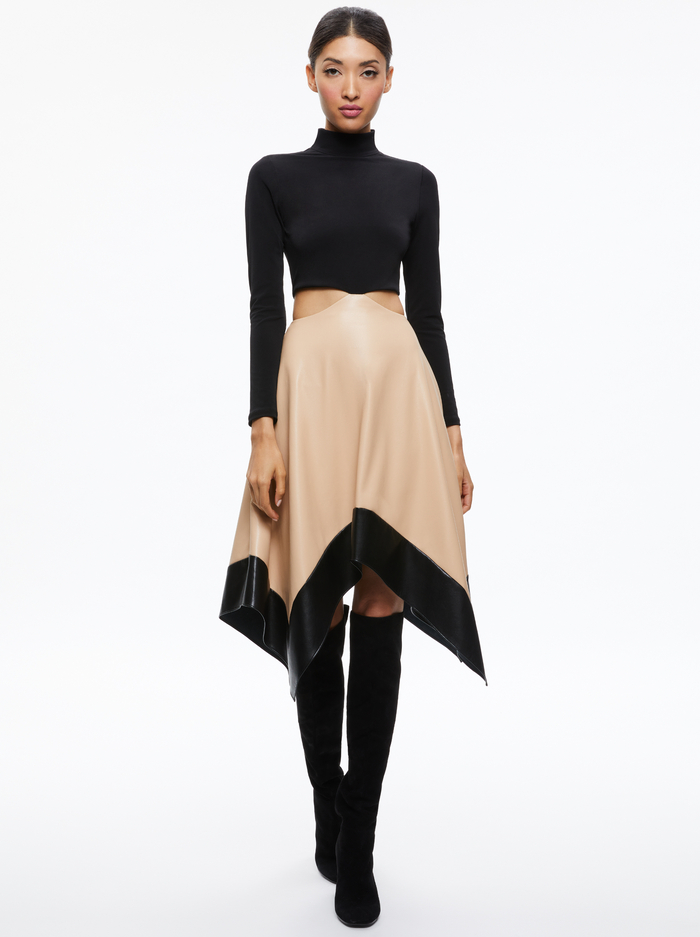 TEMIKA CUT OUT MIDI DRESS - BLACK/ALMOND - Alice And Olivia
