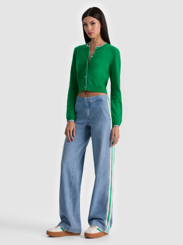 DOLLIE TWO TONE CASHMERE CARDIGAN - GREEN APPLE/CAROLINA BLUE image 5 - ALICE + OLIVIA