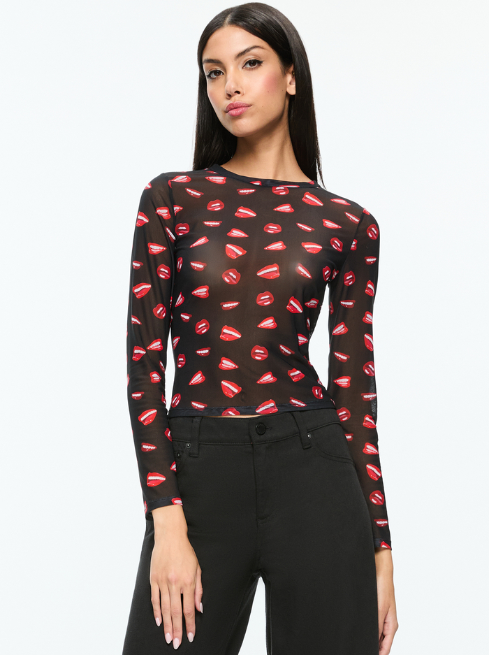 A+O X TOM WESSELMANN DELAINA MESH LONG SLEEVE TOP - LIP SYNC BLACK - Alice And Olivia