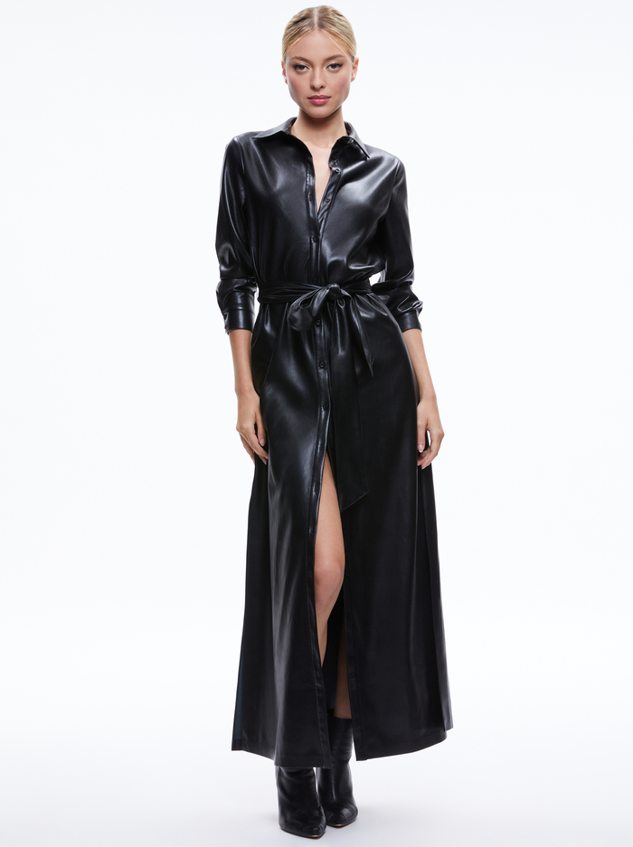 CHASSIDY VEGAN LEATHER MAXI SHIRT DRESS - BLACK - Alice And Olivia