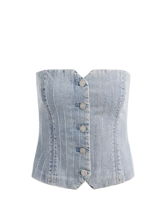 ROCKSTAR BLUE/CLEAR CRYSTAL PI-KELCEY STRAPLESS EMBELLISHED DENIM VEST