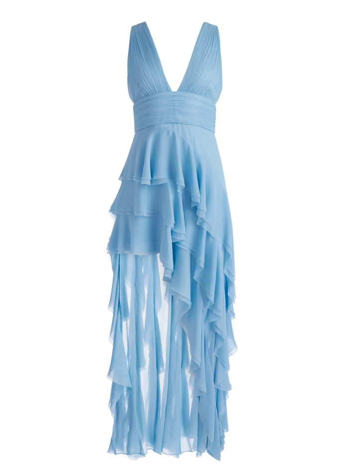 HOLLY LOW NECK ASYMMETRIC RUFFLED MAXI DRESS - MINERAL BLUE image 6 - Alice And Olivia