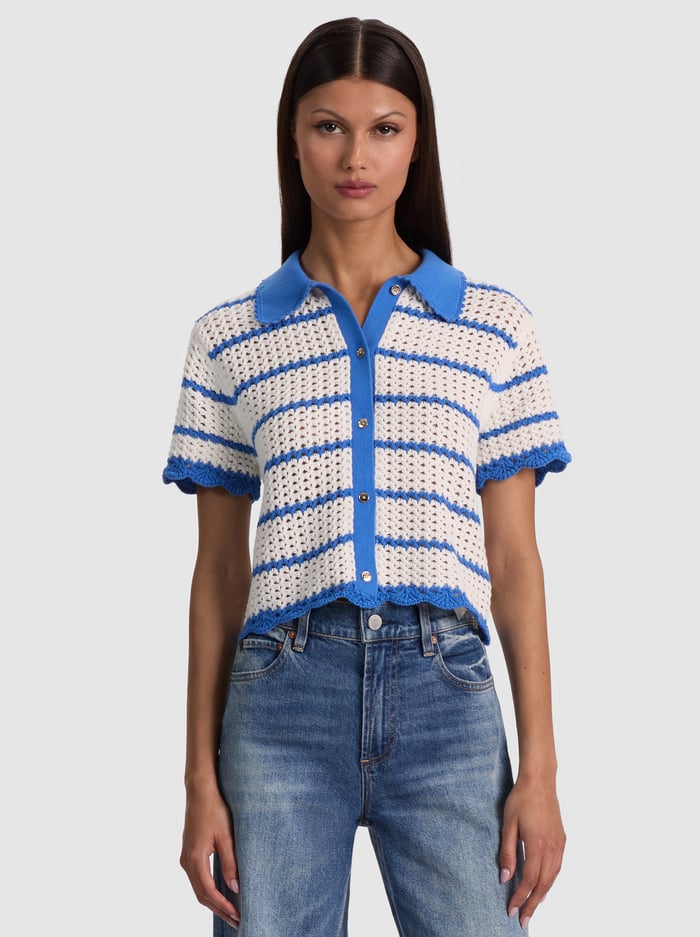 RANDALL POINTELLE POLO CARDIGAN - BLUE IRIS/WHITE - ALICE + OLIVIA