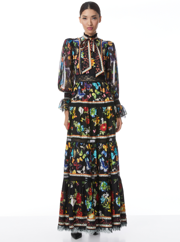 CAMREIGH BLOUSON SLEEVE BUTTON FRONT MAXI DRESS - ATRIUM FLORAL SM - Alice And Olivia