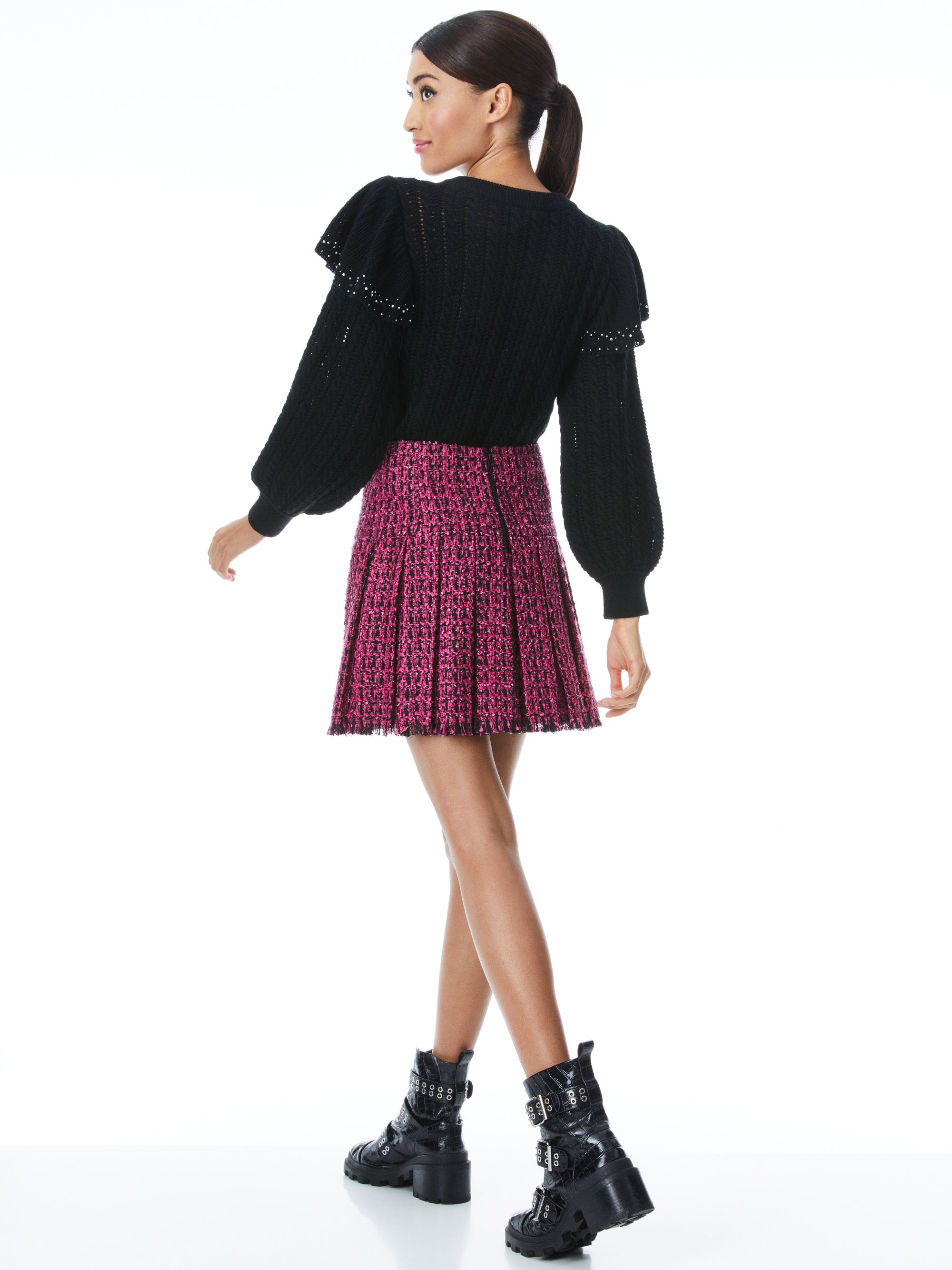 Emilie Pleated Tweed Mini Skirt In Black/wild Pink | Alice + Olivia