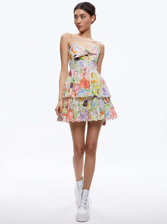 FINA TIE FRONT SMOCKED WAIST RUFFLE MINI DRESS - DAWN FLORAL image 4 - Alice And Olivia