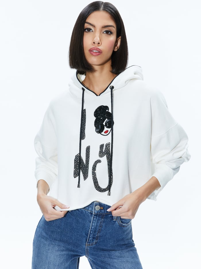 SUNNY BOXY STACEFACE CROPPED HOODIE - OPTIC WHITE - Alice And Olivia
