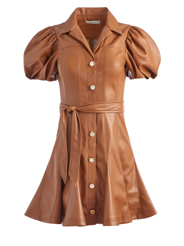 OFRA VEGAN LEATHER MINI DRESS WITH TIE BELT - CAMEL image 5 - Alice And Olivia
