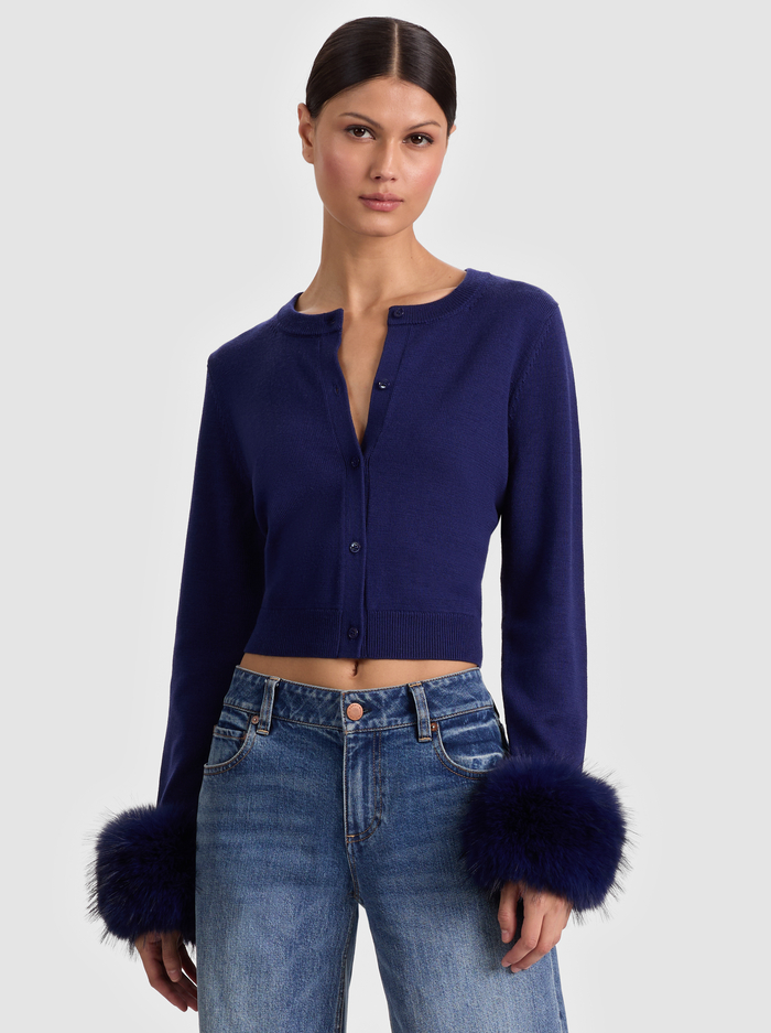 DOLLIE FAUX FUR CUFF CARDIGAN - MIDNIGHT BLUE - Alice And Olivia