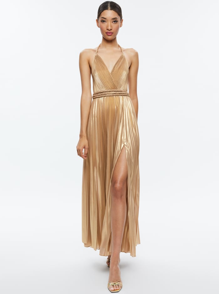 TRESA PLEATED MAXI DRESS WITH SLIT - GOLD image 4 - Alice And Olivia