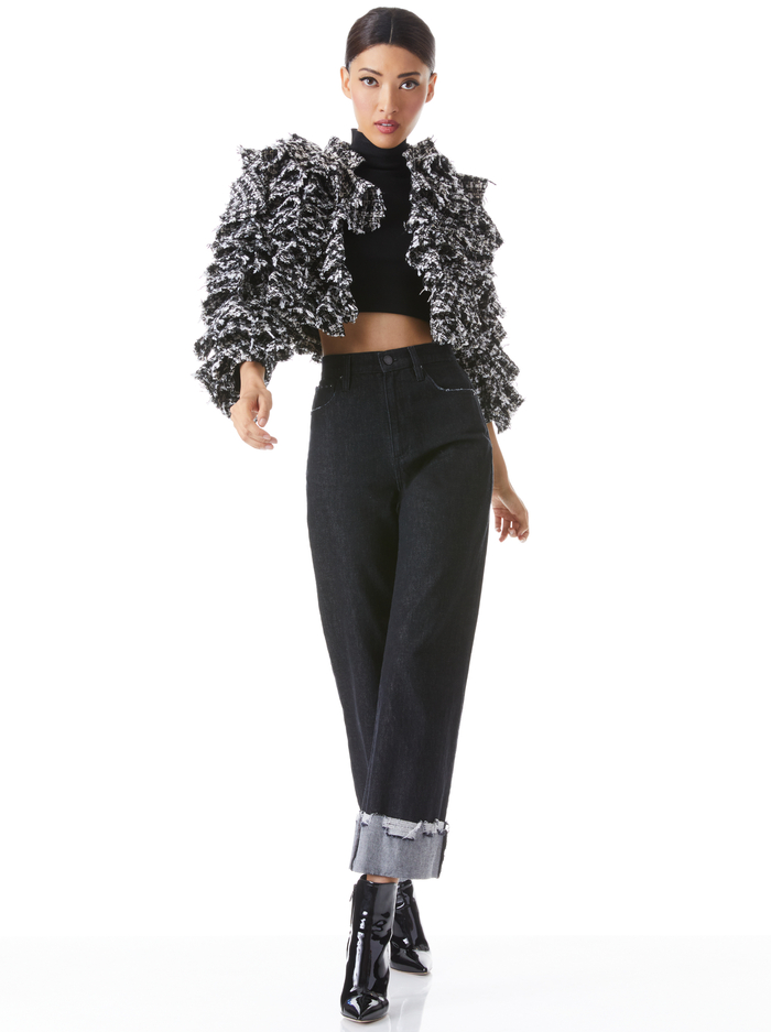 BRITTON RUFFLED CROPPED 3/4 SLEEVE JACKET - BLACK/OFF WHITE image 4 - ALICE + OLIVIA