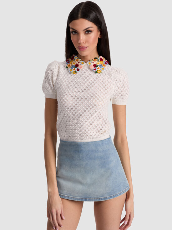 SOFT WHITE/MULTI-CHASE PUFF SLEEVE SWEATER