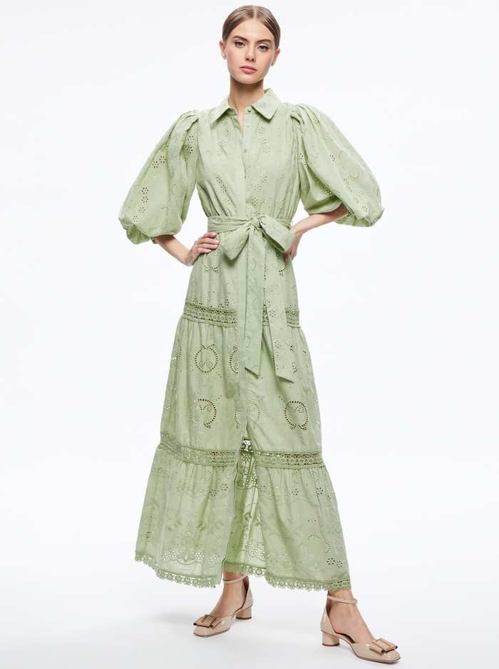 LILLY COLLARED EYELET MIDI DRESS - GREEN TEA - Alice And Olivia