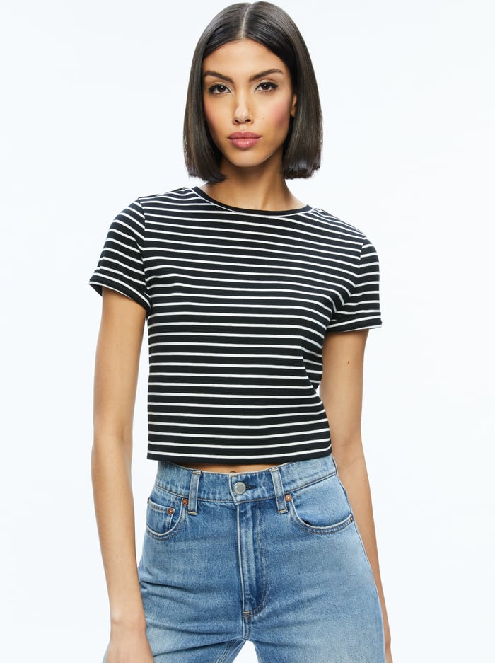 CINDY CLASSIC CROPPED TEE - BLACK/OFF WHITE STRIPE - Alice And Olivia
