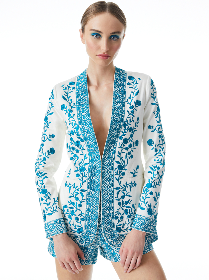 CHRISELLE EMBROIDERED BLAZER - OFF WHITE/OCEAN BLUE - Alice And Olivia