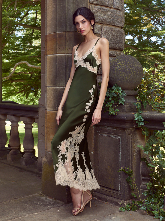 DARK FERN/BISCOTTI-JULIETTA LACE SLIP DRESS