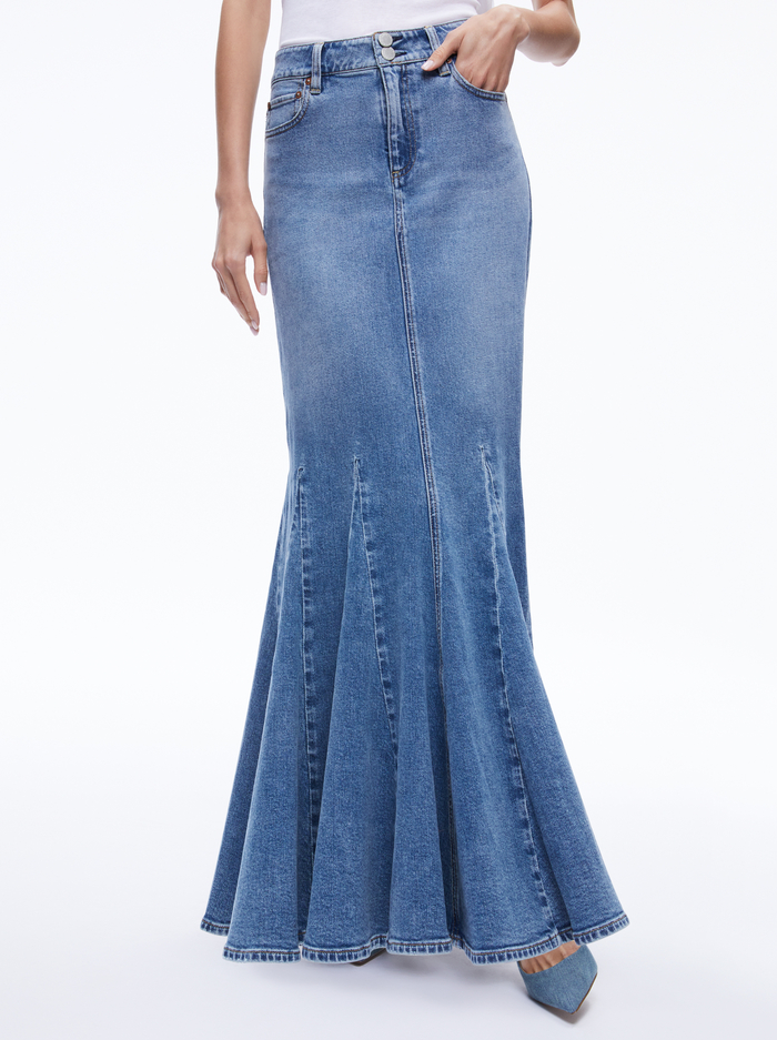 NALA DENIM GODET MAXI SKIRT - AVERY BLUE - Alice And Olivia