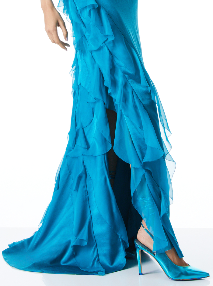 AMARIS RUFFLE HALTER NECK GOWN - TURKISH BLUE image 2 - Alice And Olivia