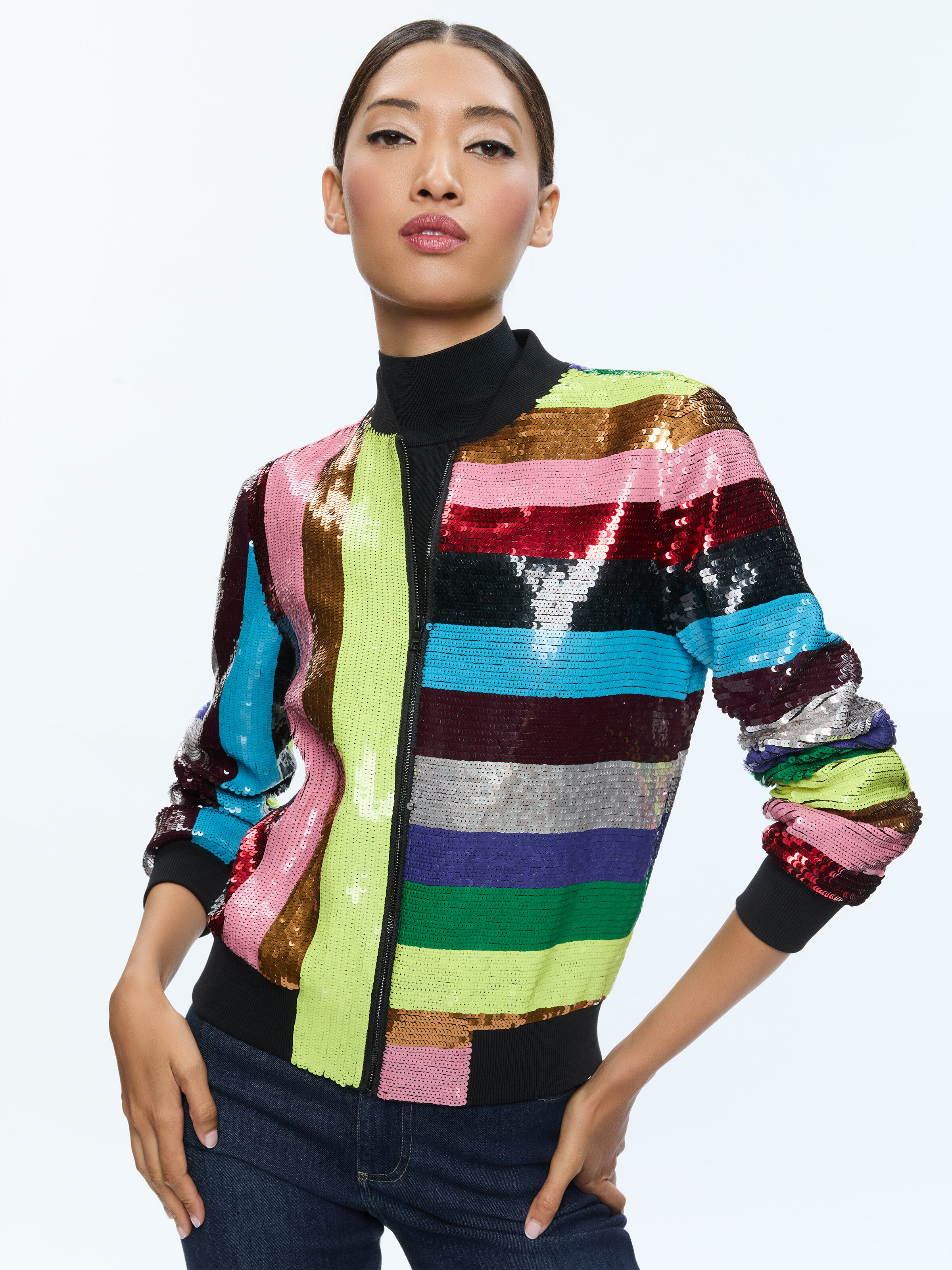 Lonnie Sequin Cropped Varsity Jacket In Multi Alice Olivia