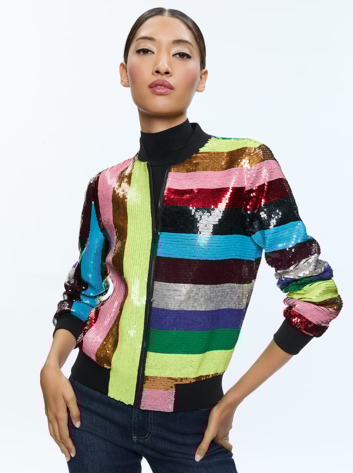LONNIE SEQUIN CROPPED VARSITY JACKET - MULTI - Alice And Olivia