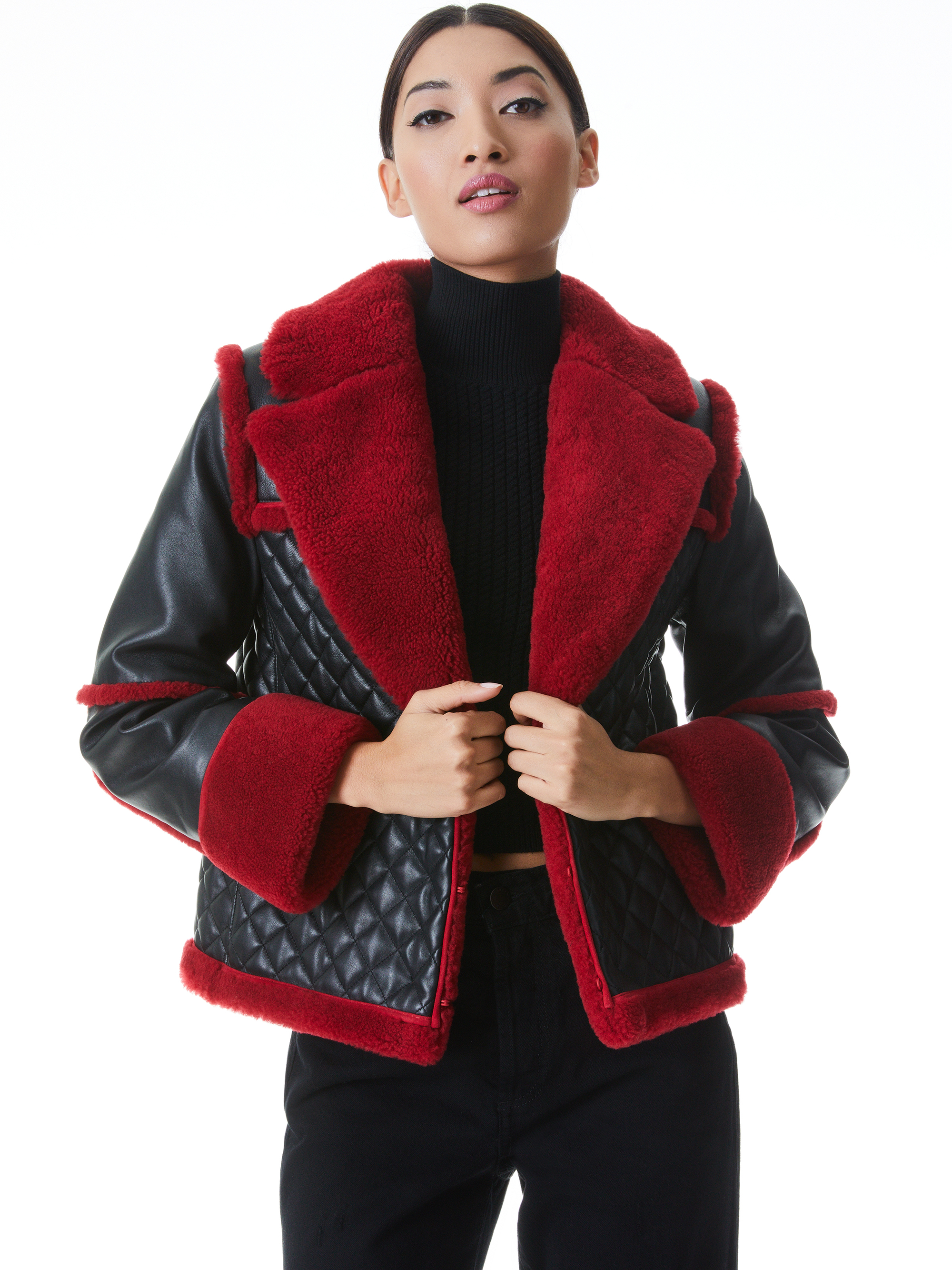LUISANA QUILTED COMBO COAT - BLACK/DEEP RUBY - Alice And Olivia