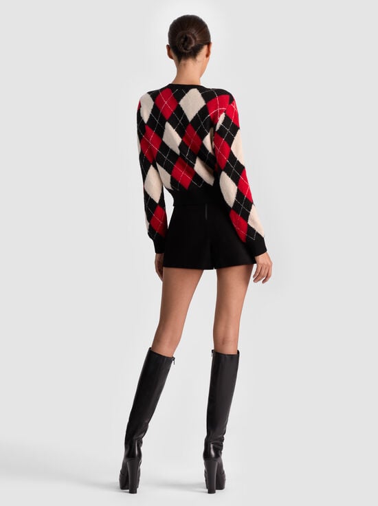 OATMEAL/BLACK/PERFECT RUBY-CAROLEE ARGYLE CARDIGAN