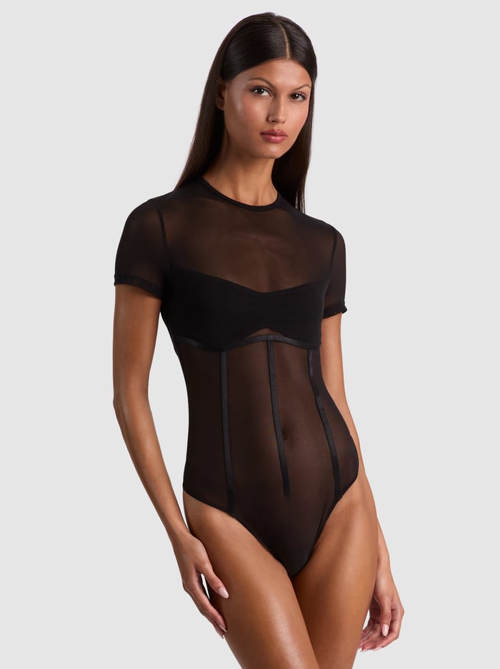 WHITNEY SHEER SEAMED BODYSUIT - BLACK - ALICE + OLIVIA