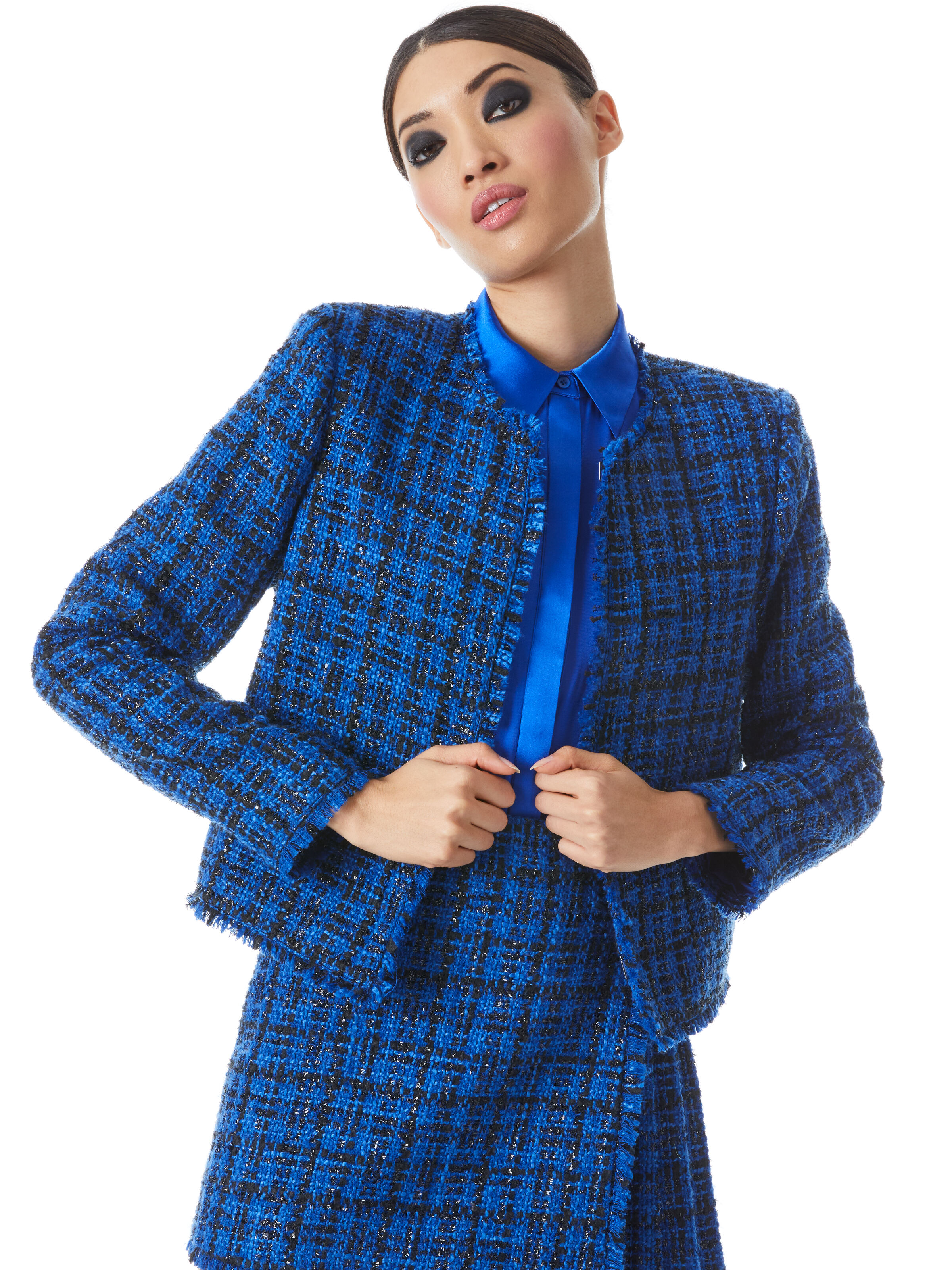 KIDMAN BOX JACKET WITH FRINGE TONI ASYMMETRICAL PLEATED SKIRT