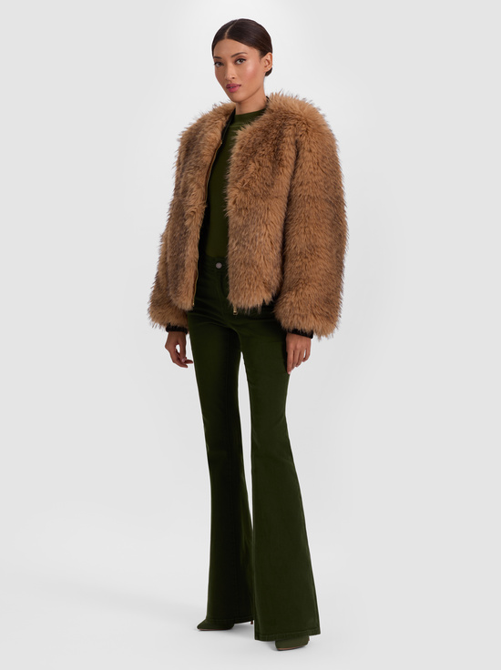 DARK OLIVE/CAMEL-BECKY REVERSIBLE FAUX FUR BOMBER JACKET