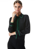 WILLA PIPED PLACKET TOP - BLACK/GARDEN GREEN