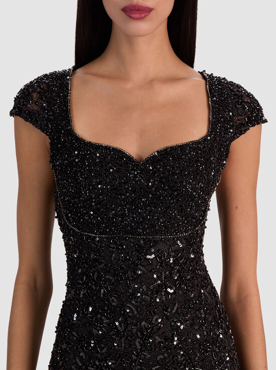 BLACK-EVE EMBELLISHED LACE MINI DRESS