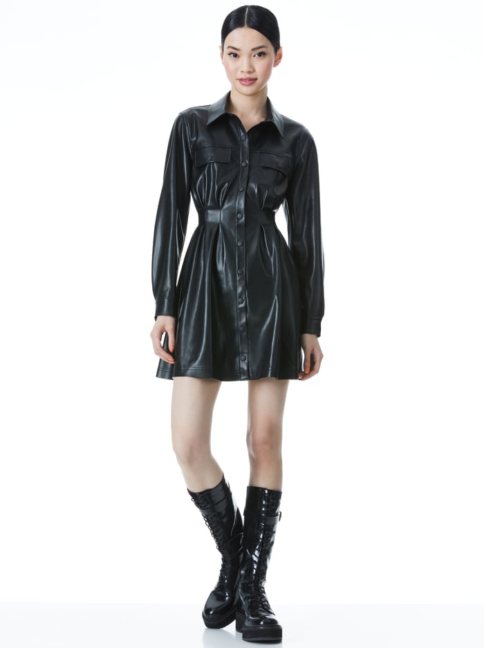 MALINA VEGAN LEATHER SHIRT DRESS - BLACK - Alice And Olivia