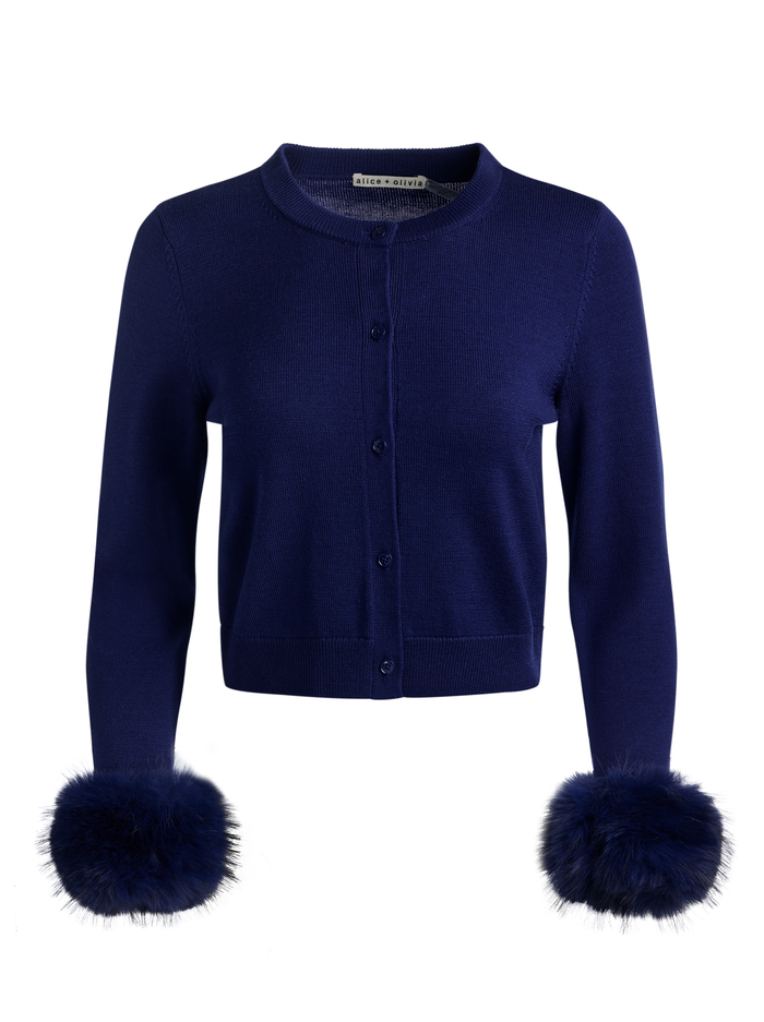 DOLLIE FAUX FUR CUFF CARDIGAN - MIDNIGHT BLUE image 6 - ALICE + OLIVIA