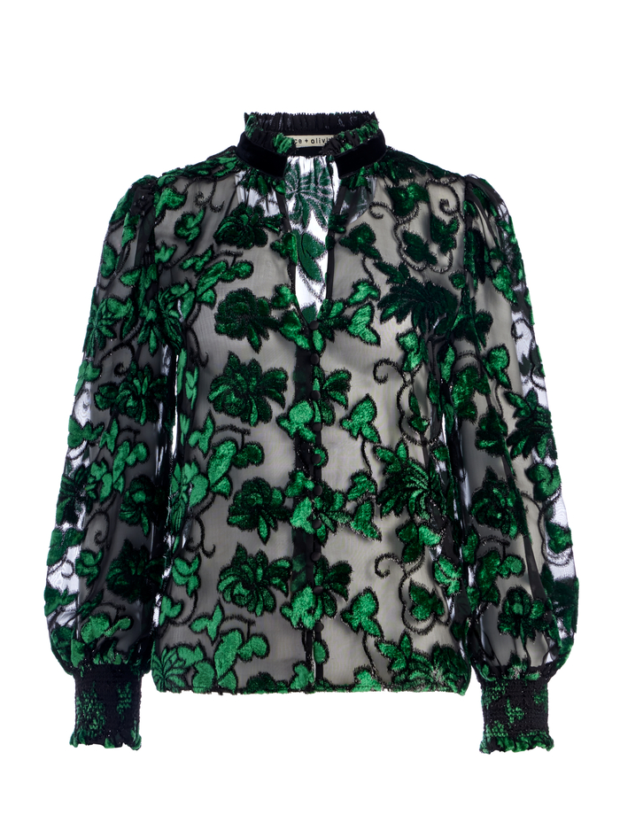 ZINA SHEER BUTTON DOWN BLOUSE - BLACK/EMERALD image 5 - Alice And Olivia