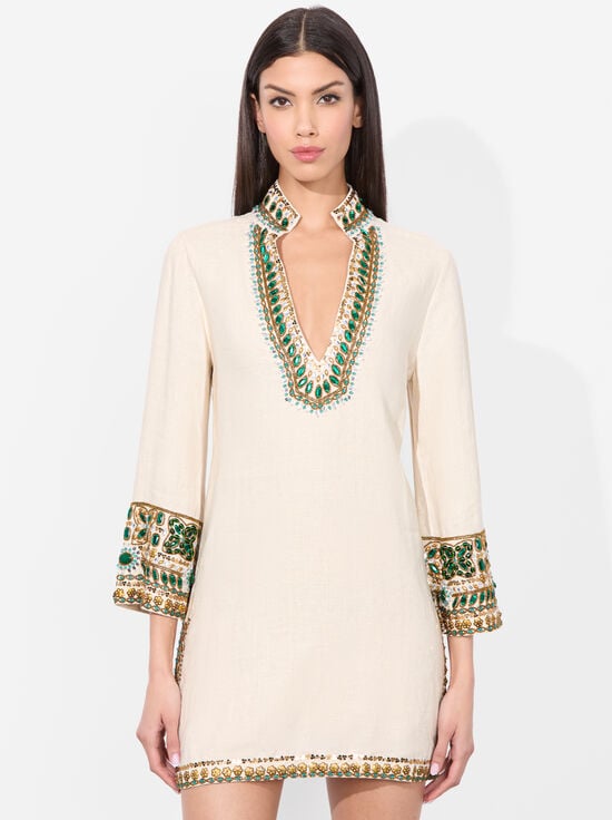 OFF WHITE MULTI-ELEONORA EMBELLISHED TUNIC DRESS