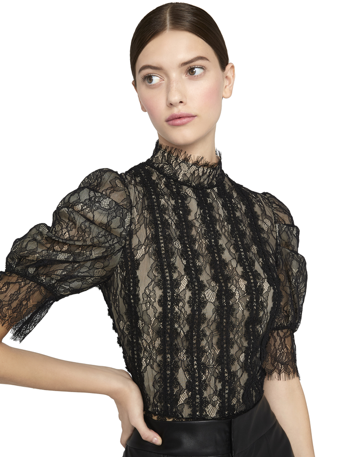 BRENNA LACE PUFF SLEEVE CROP TOP - BLACK image 1 - Alice And Olivia