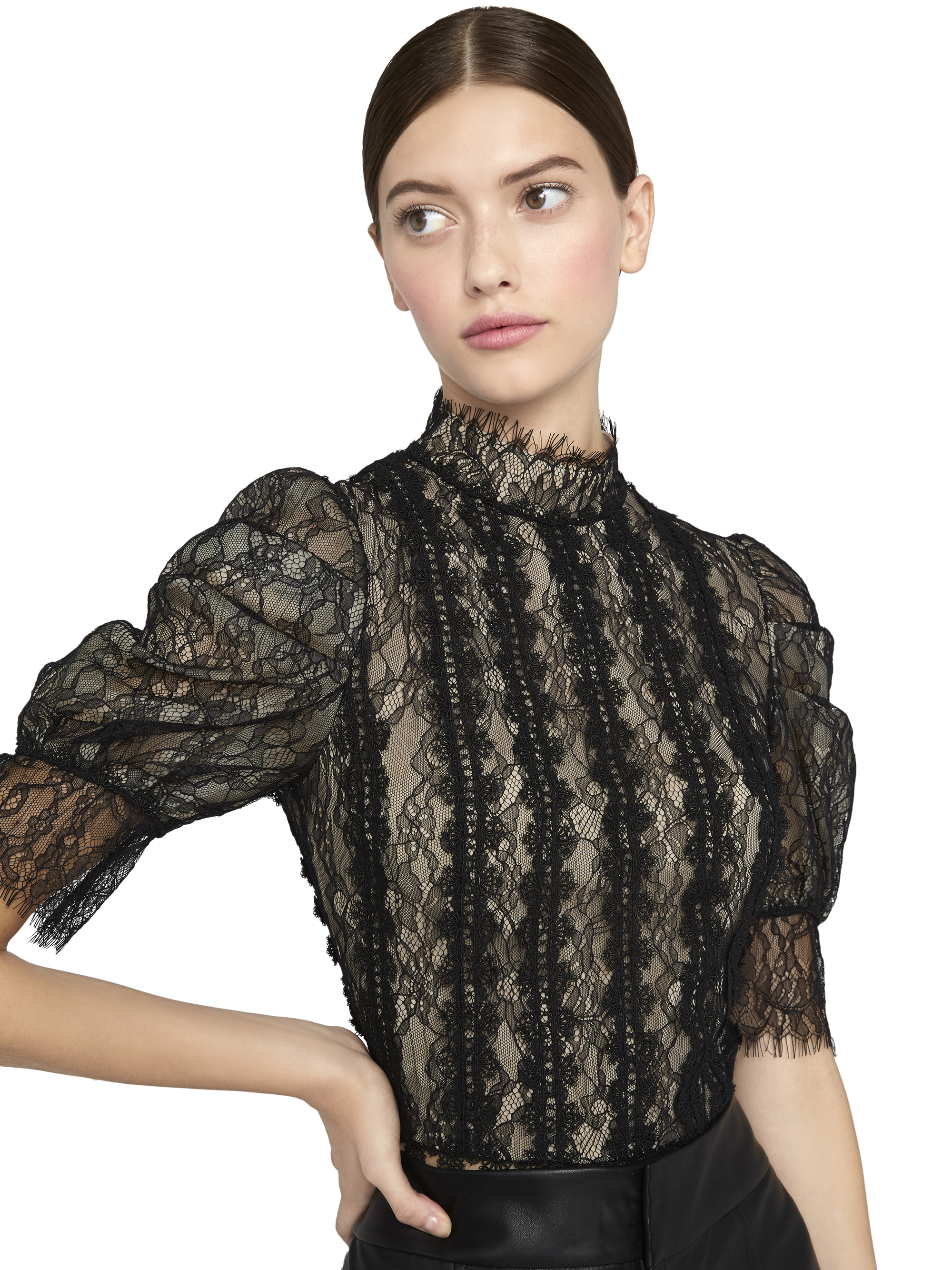 Brenna Lace Puff Sleeve Crop Top In Black | Alice And Olivia