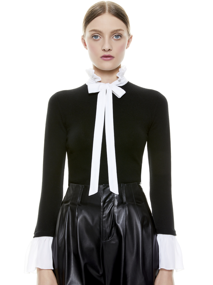 CORNELIA TIE NECK PULLOVER - BLACK/SOFT WHITE COMBO image 1 - ALICE + OLIVIA