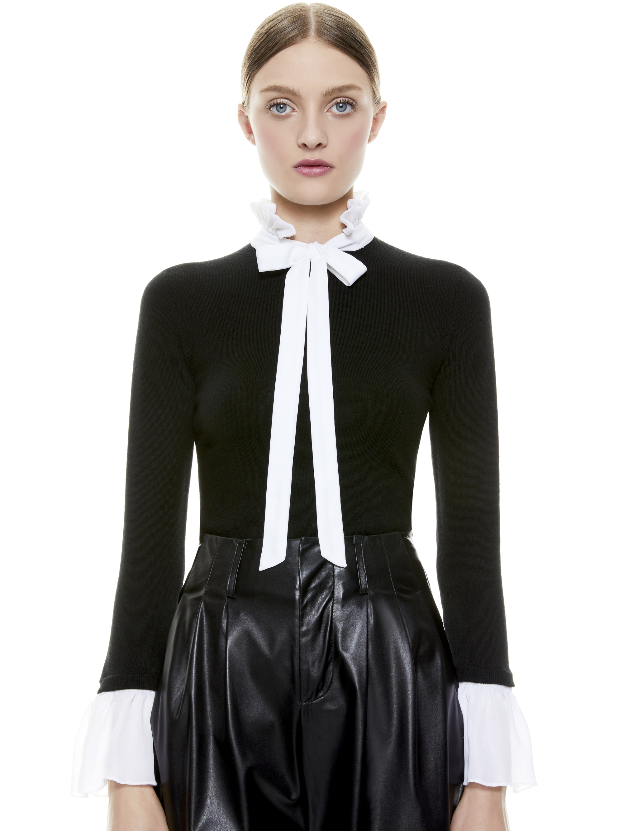 Cornelia Tie Neck Pullover In Black/soft White Combo | Alice And Olivia