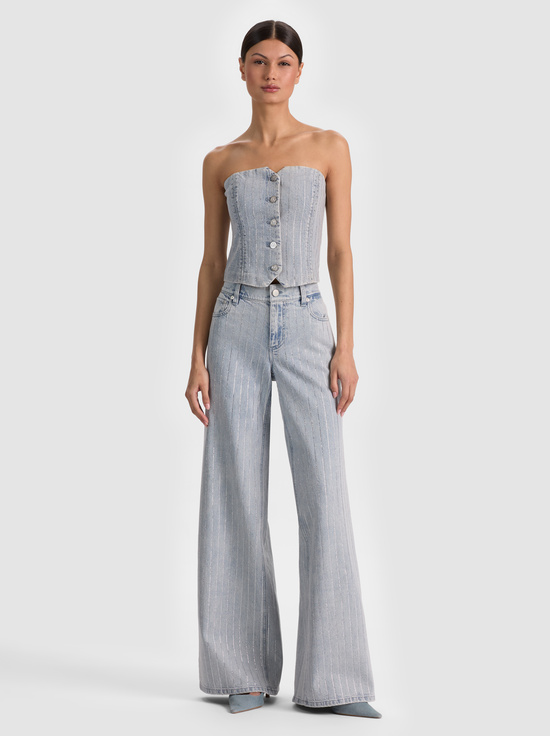 ROCKSTAR BLUE/CLEAR CRYSTAL PI-KELCEY STRAPLESS EMBELLISHED DENIM VEST