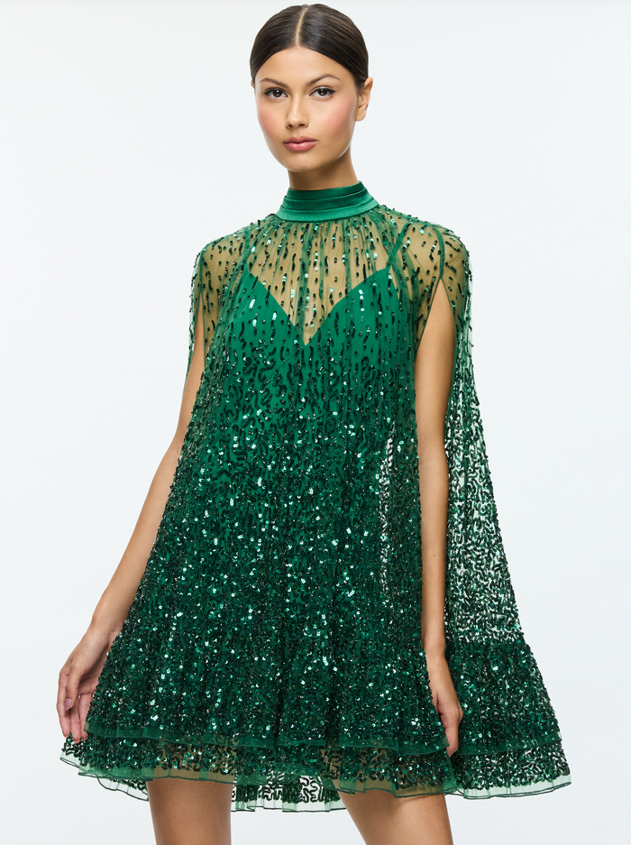 ZENON CAPE MINI DRESS - FOREST GREEN image 3 - Alice And Olivia