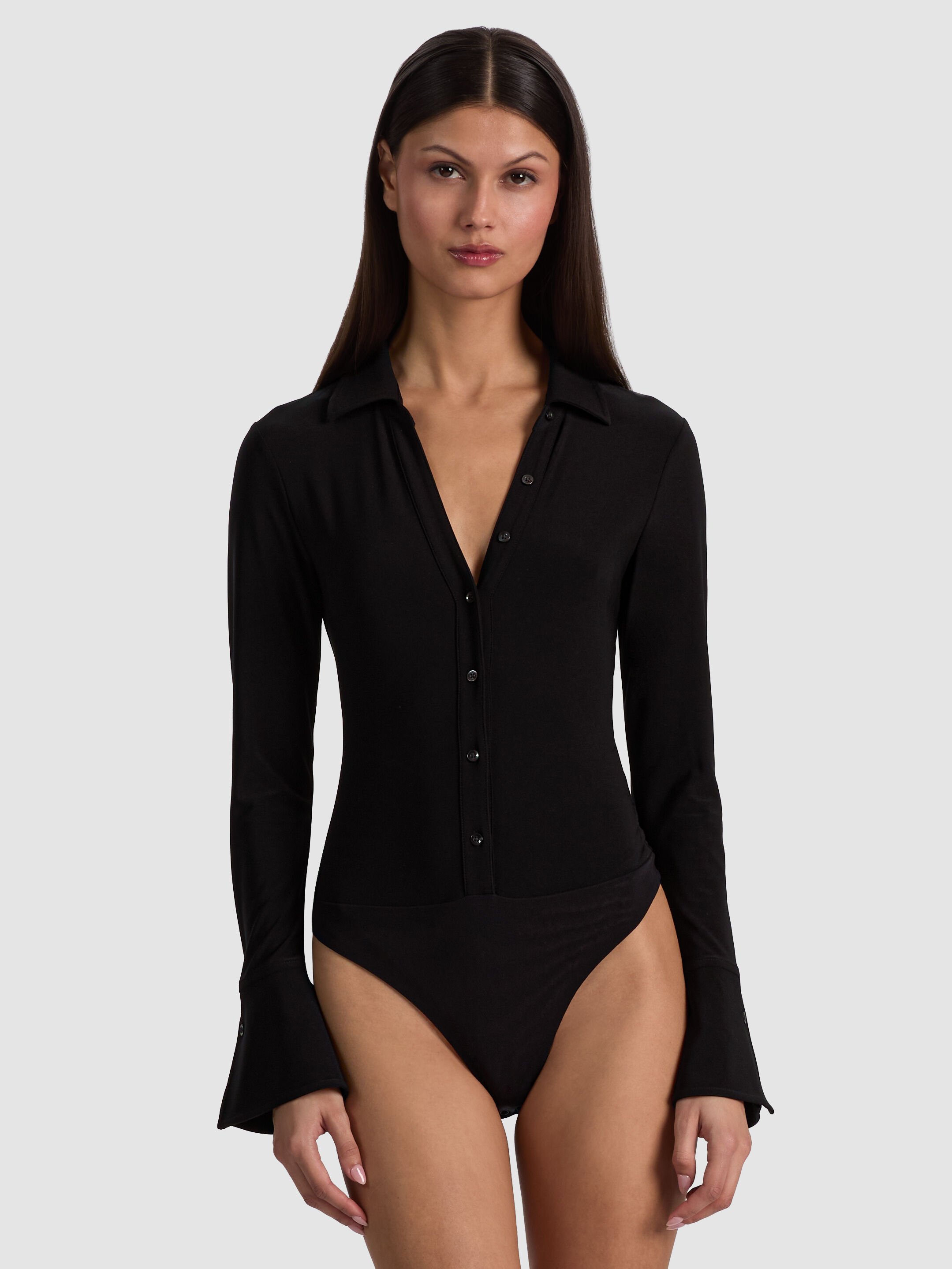 FREYA BUTTON DOWN BODYSUIT in BLACK | ALICE + OLIVIA FREYA BUTTON DOWN BODYSUIT in BLACK | ALICE + OLIVIA