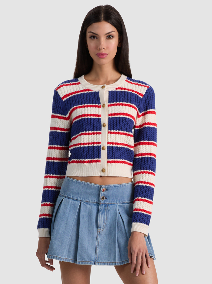 DOLLIE STRIPED CABLE CARDIGAN - AMERICANA STRIPE - ALICE + OLIVIA