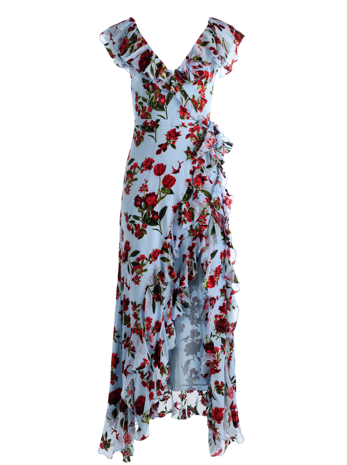 KRISTEN RUFFLE WRAP MAXI DRESS - AMERICAN BEAUTY CAROLINA BLUE image 6 - ALICE + OLIVIA